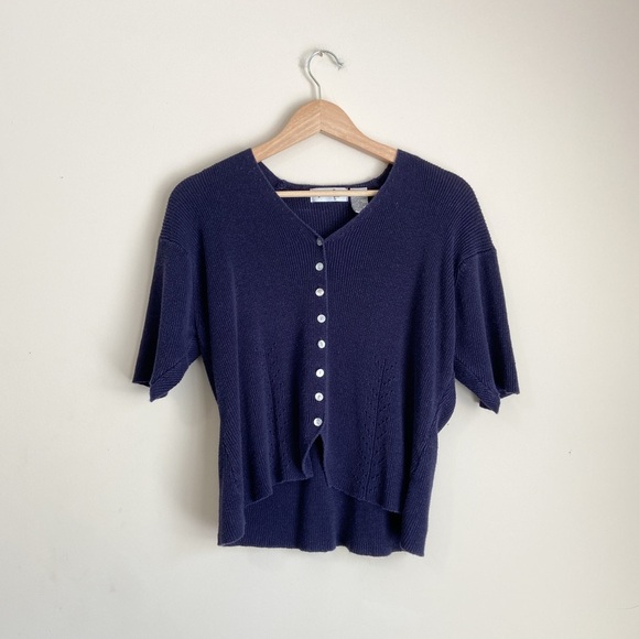 Vintage Lightweight Knit Navy Button Blouse - Picture 1 of 6